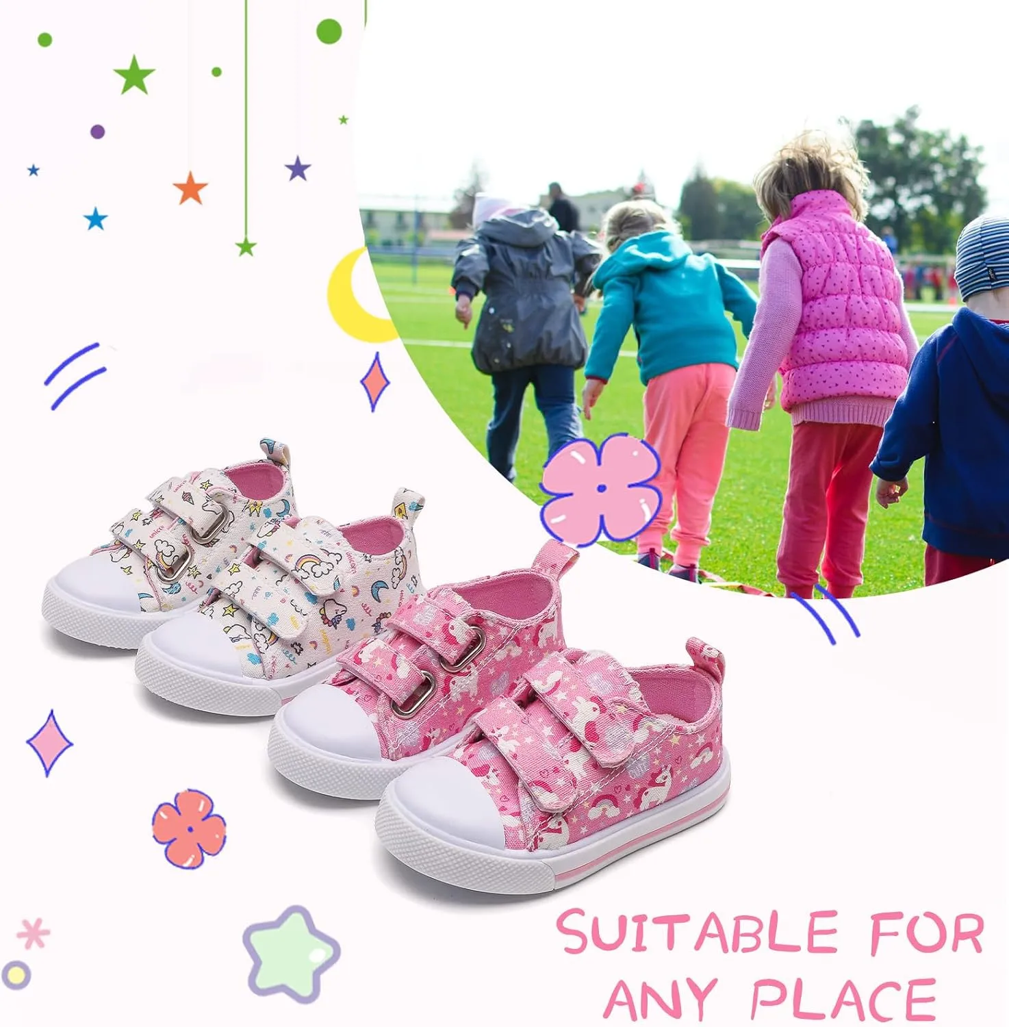 Toddler Girls Boys Shoes Kids Canvas Sneakers with Cartoon Print Adjustable Velcro Strap