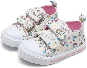 Toddler Girls Boys Shoes Kids Canvas Sneakers with Cartoon Print Adjustable Velcro Strap