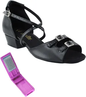 Very Fine Dance Shoes - Ladies Practice, Cuban Low Heel, Waltz Ballroom Dance Shoes - 1620FT - 1-inch Heel and Foldable Brush Bundle - Black PU - 5