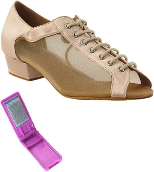 Very Fine Dance Shoes - Ladies Practice, Cuban Low Heel, Waltz Ballroom Dance Shoes - 1643FT - 1-inch Heel and Foldable Brush Bundle - Flesh Satin - Flesh Mesh - 7