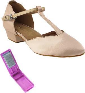 Very Fine Dance Shoes - Ladies Practice, Cuban Low Heel, Waltz Ballroom Dance Shoes - 6819FT - 1-inch Heel and Foldable Brush Bundle - Flesh Satin - 9