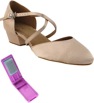 Very Fine Dance Shoes - Ladies Practice, Cuban Low Heel, Waltz Ballroom Dance Shoes - 9691FT - 1-inch Heel and Foldable Brush Bundle - Flesh Satin - 4.5
