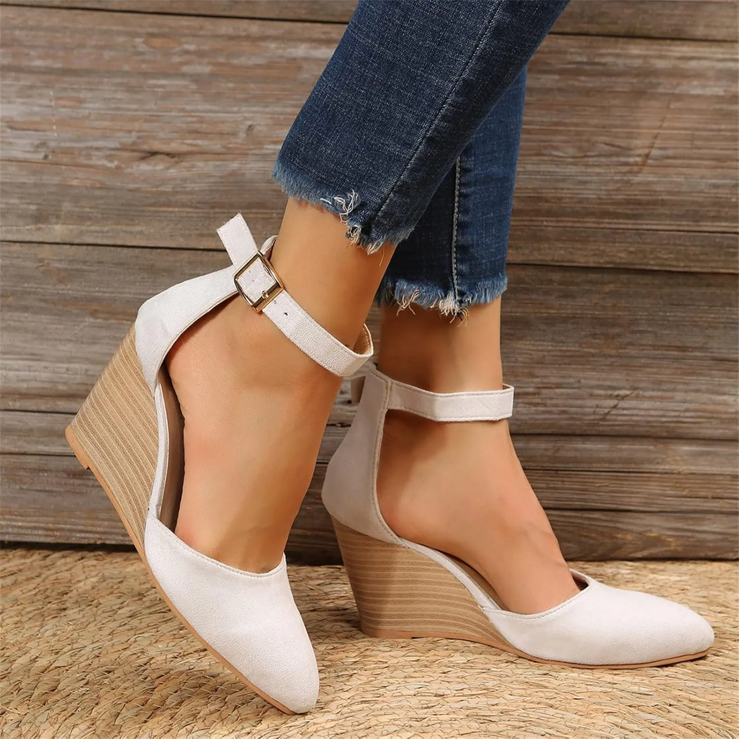 Wedge Sandals for Women, Summer Fashion Closed Toe Wedge Sandals Women Buckle Strap Pointed Toe High Heel Sandals
