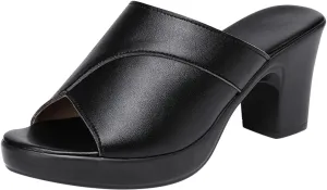 Women High Heel Sandals Slides PU Leather Slip On Sandals Summer Open Toe Chunky Heel Sandals (Black, 9)