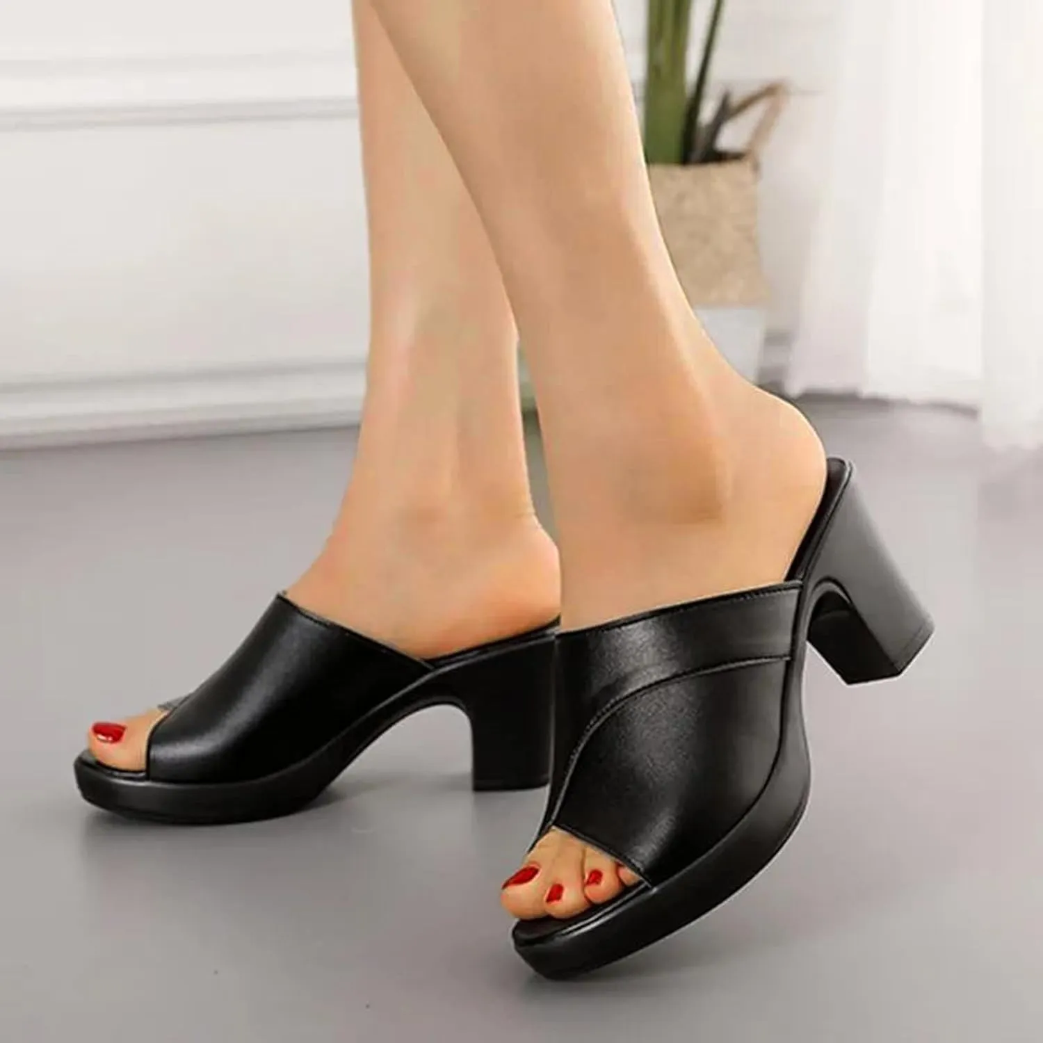 Women High Heel Sandals Slides PU Leather Slip On Sandals Summer Open Toe Chunky Heel Sandals (Black, 9)