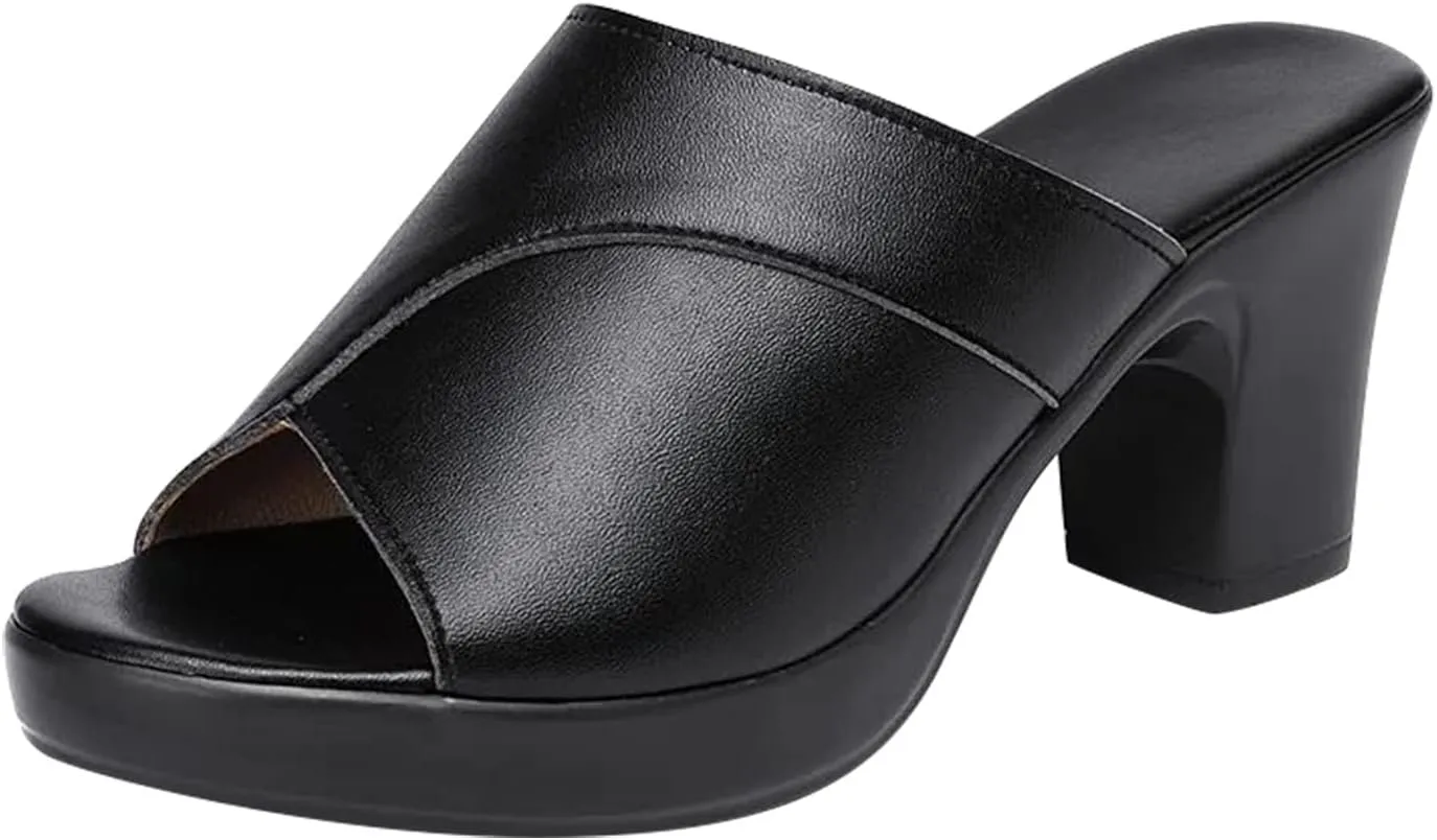 Women High Heel Sandals Slides PU Leather Slip On Sandals Summer Open Toe Chunky Heel Sandals (Black, 9)