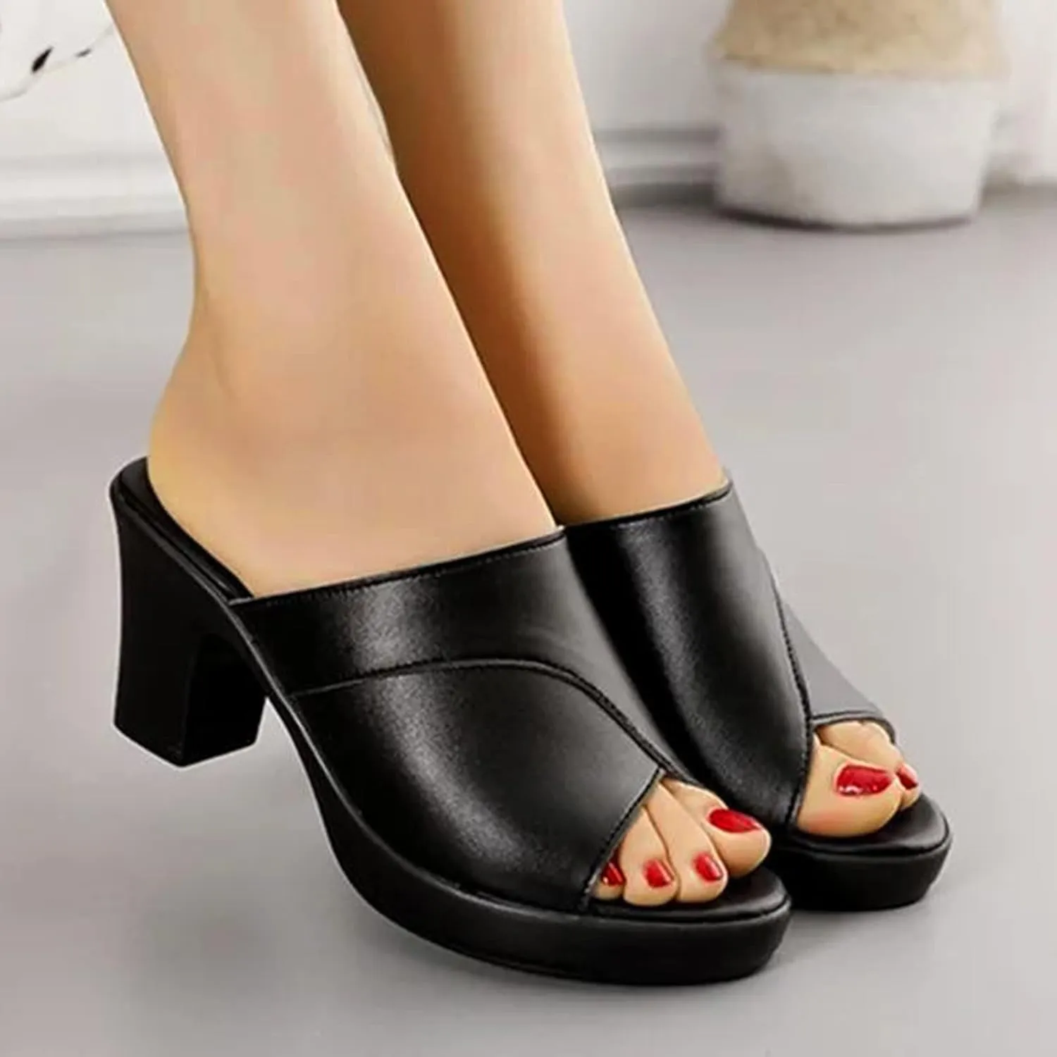 Women High Heel Sandals Slides PU Leather Slip On Sandals Summer Open Toe Chunky Heel Sandals (Black, 9)