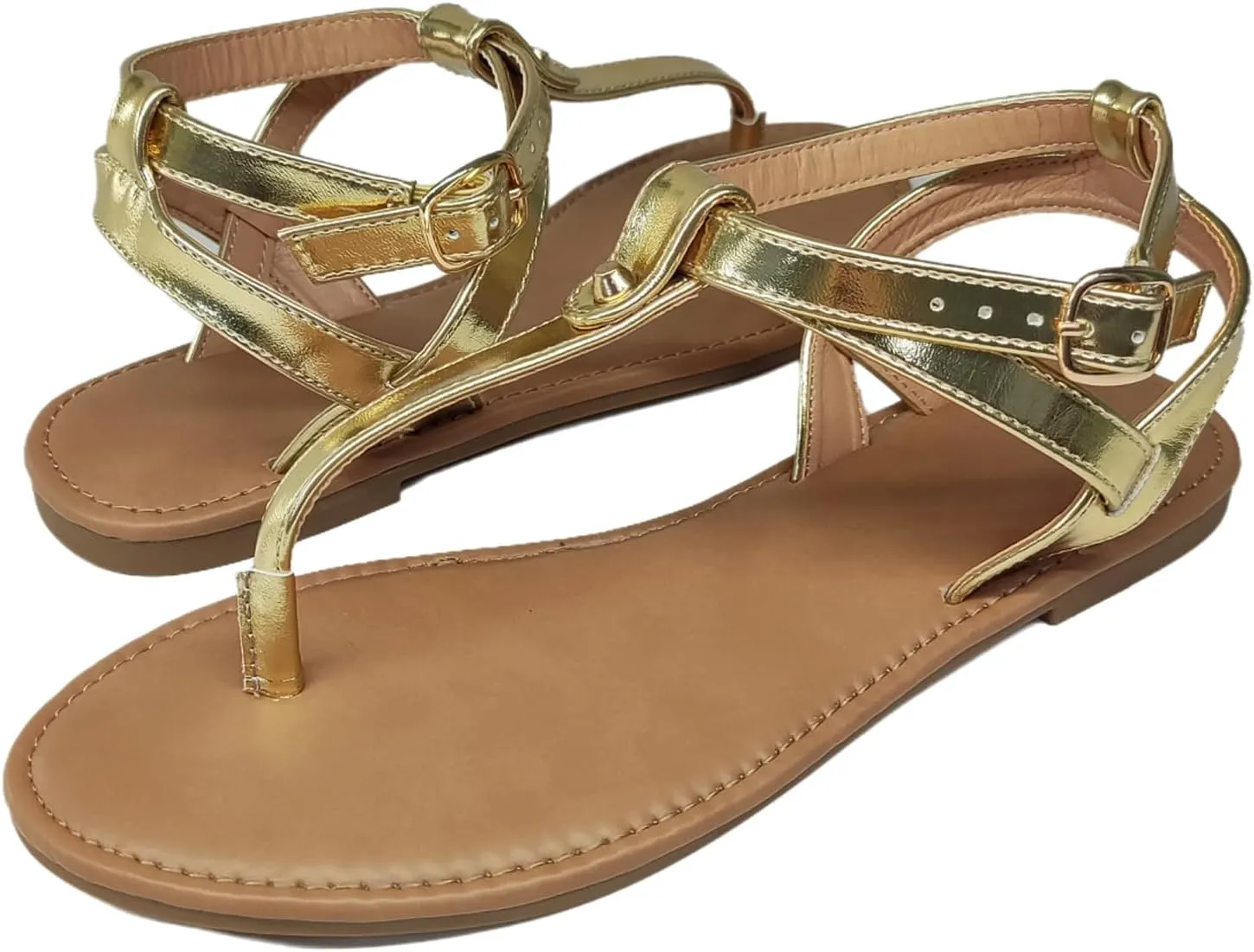 Women Thong Flat Sandals Casual T-Strap Summer Adjustable Ankle Buckle Sandals with Strappy