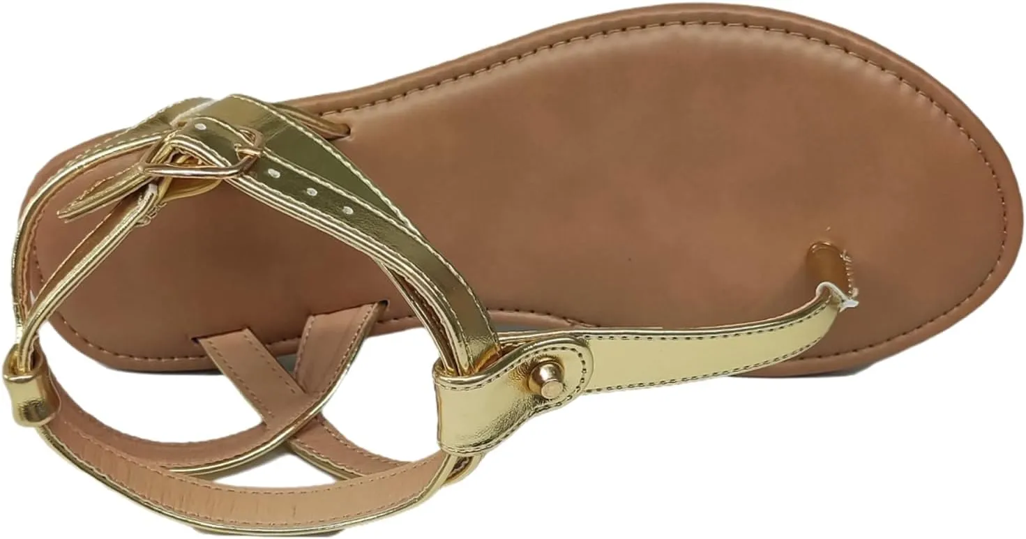 Women Thong Flat Sandals Casual T-Strap Summer Adjustable Ankle Buckle Sandals with Strappy