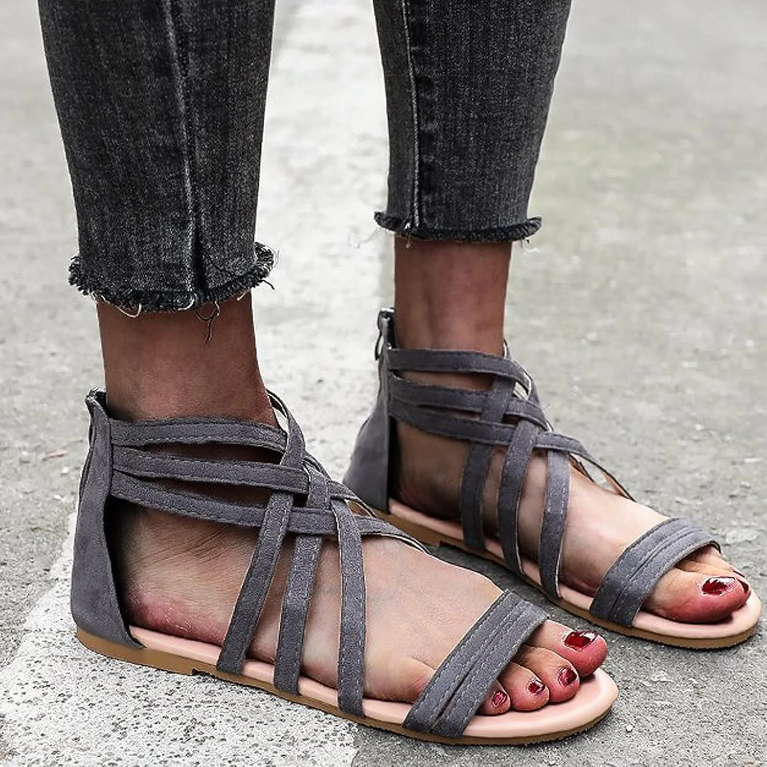 Women's Cross Strappy Sandals Summer Flat Fisherman Zipper Thong Gladiator Strap Sandals