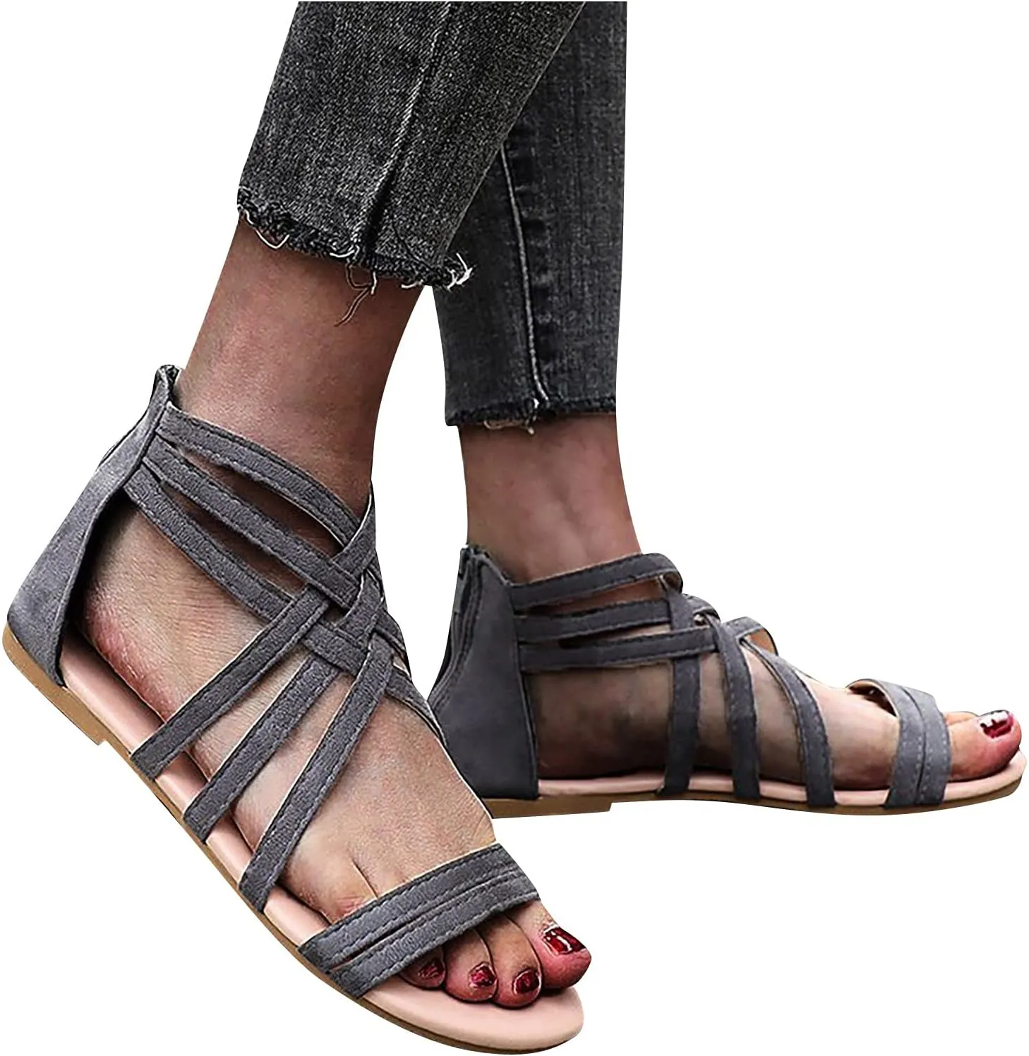 Women's Cross Strappy Sandals Summer Flat Fisherman Zipper Thong Gladiator Strap Sandals