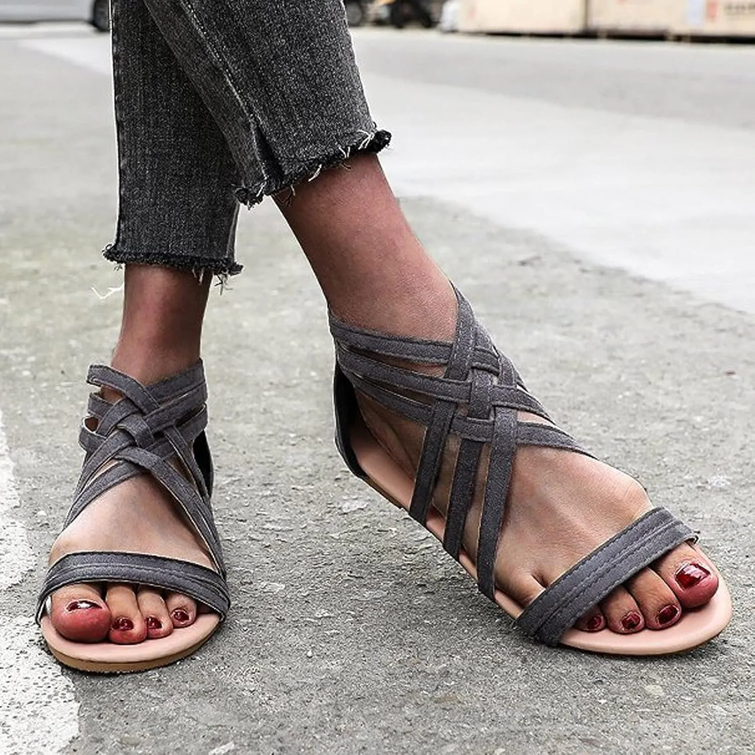 Women's Cross Strappy Sandals Summer Flat Fisherman Zipper Thong Gladiator Strap Sandals
