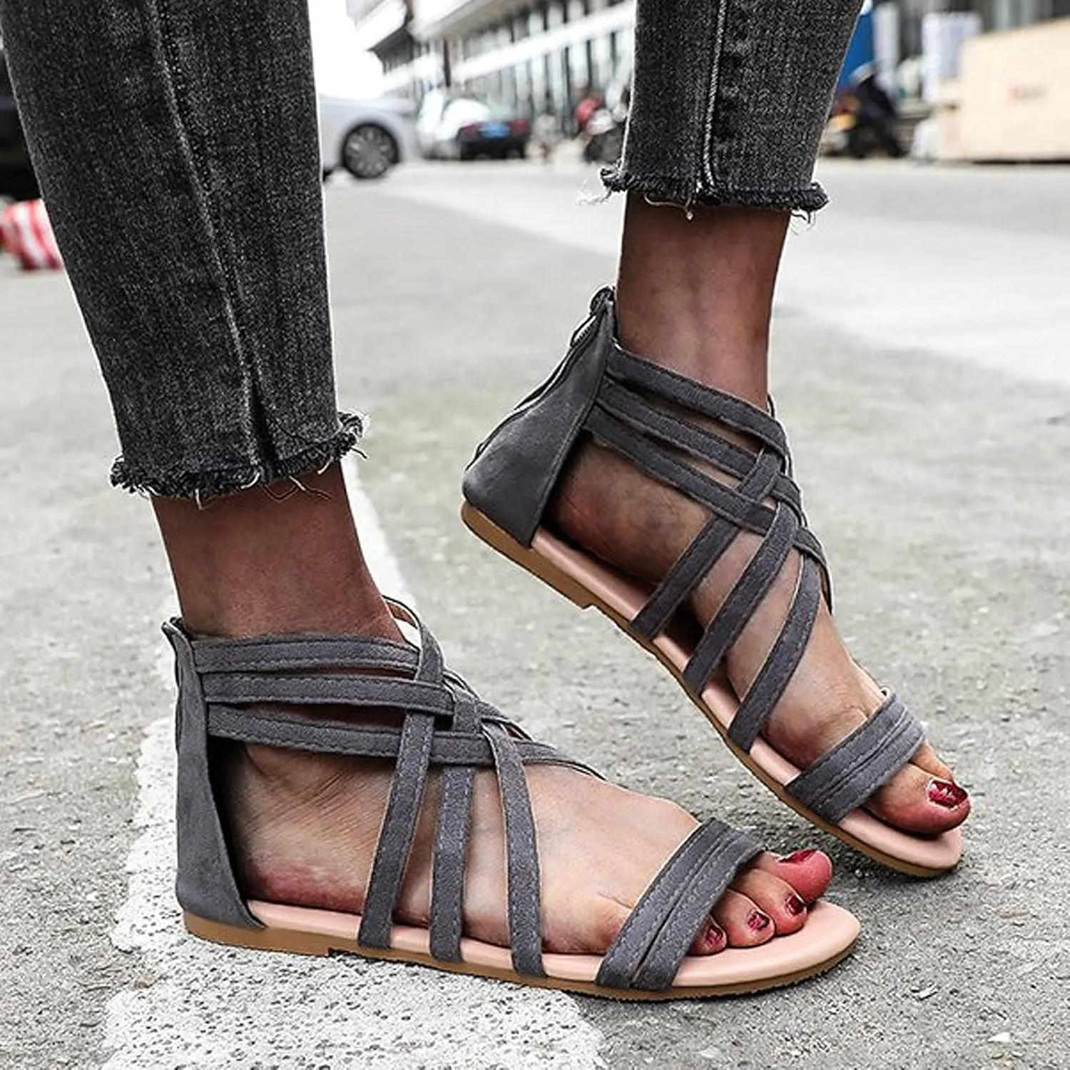 Women's Cross Strappy Sandals Summer Flat Fisherman Zipper Thong Gladiator Strap Sandals