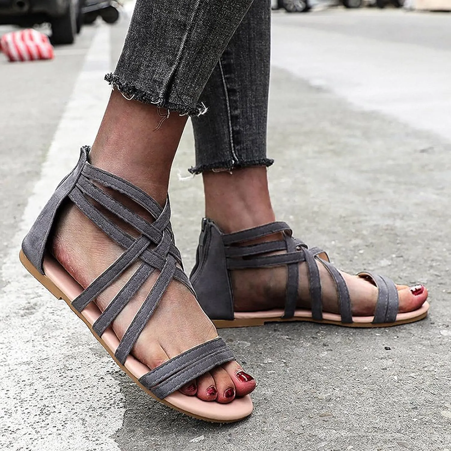 Women's Cross Strappy Sandals Summer Flat Fisherman Zipper Thong Gladiator Strap Sandals