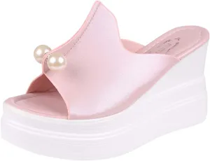 Womens Dressy Summer Flip Flops Solid Sandals Shoes Pearl Women's Thick-Bottom Ladies Slippers Wedge Sandals