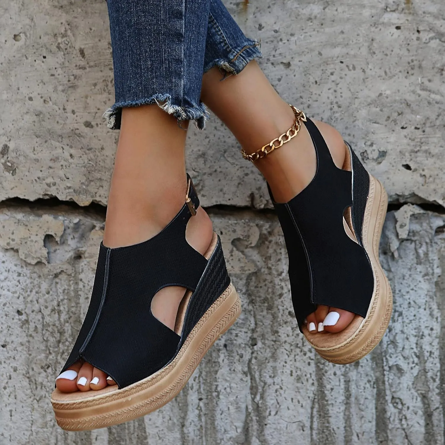 Womens Espadrille Wedge Sandals Open Toe Platform Fish Mouth Silver Ankle Strap Slingback Summer Dress Shoes Summer Close Toe