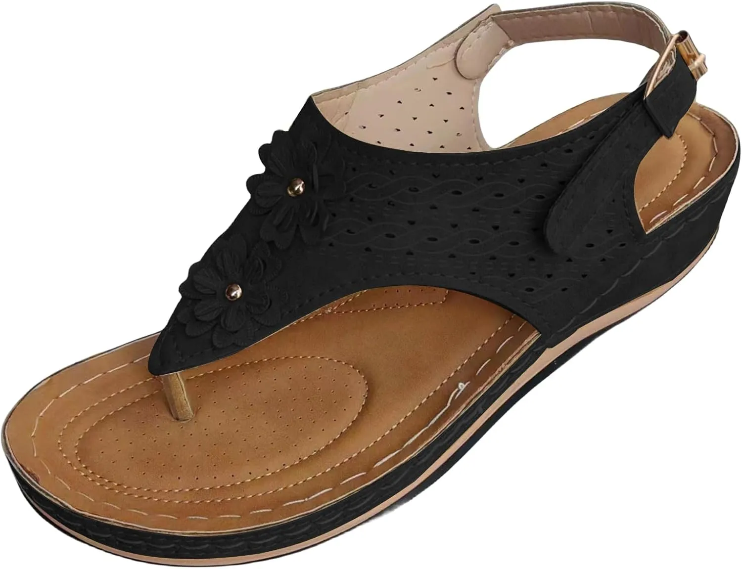 Women's Faux Leather Orthopedic Sandals with Arch Support Diabetic Walking Sandals Summer Adjustable Non Slip Platforms Orthotic Wedge Sandals Casual Comfortable Pinch Toe Beach Flip-flops Slippers