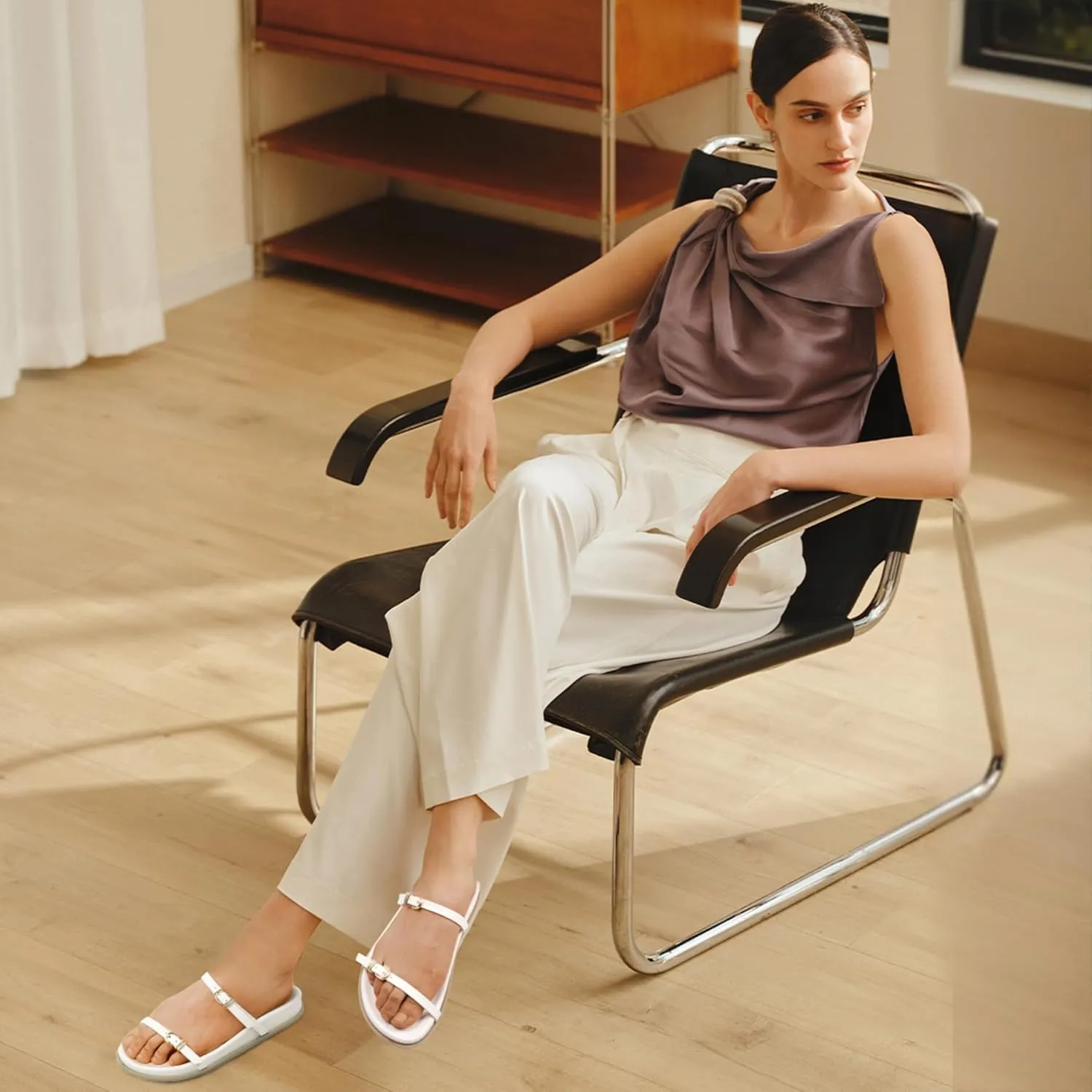 Women's Flat Strap Sandals Comfortable Wide Width Open Toe Slides with Adjustable Double Buckle Slip on Shoes