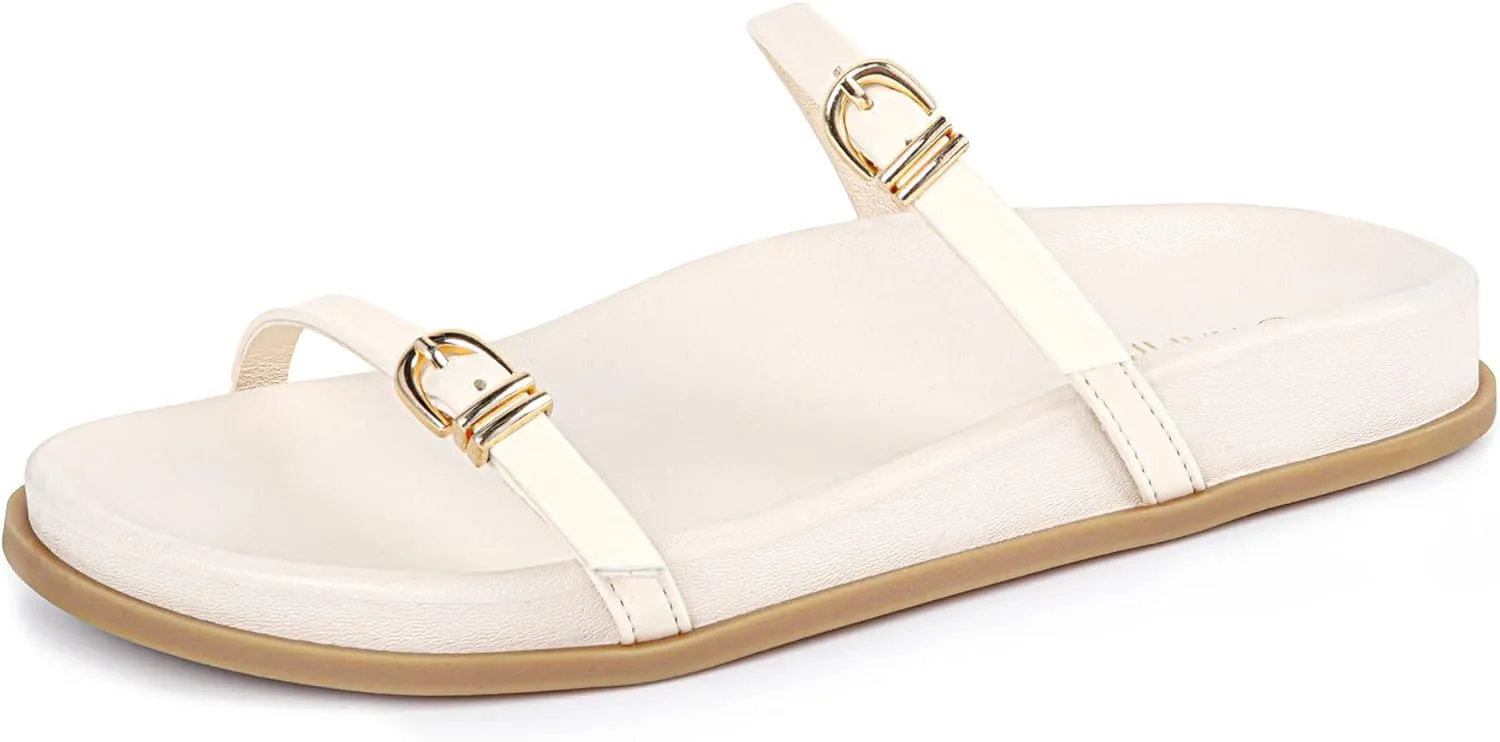 Women's Flat Strap Sandals Comfortable Wide Width Open Toe Slides with Adjustable Double Buckle Slip on Shoes
