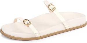 Women's Flat Strap Sandals Comfortable Wide Width Open Toe Slides with Adjustable Double Buckle Slip on Shoes