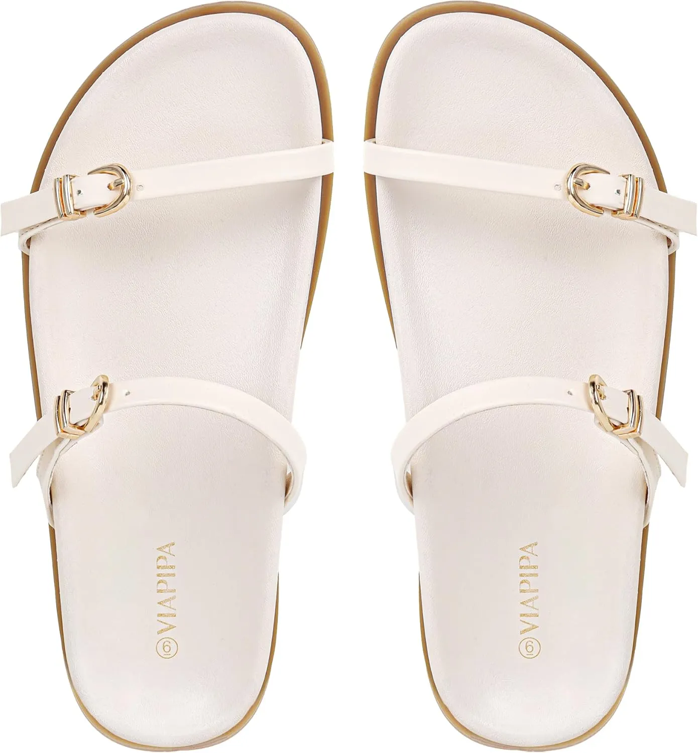 Women's Flat Strap Sandals Comfortable Wide Width Open Toe Slides with Adjustable Double Buckle Slip on Shoes