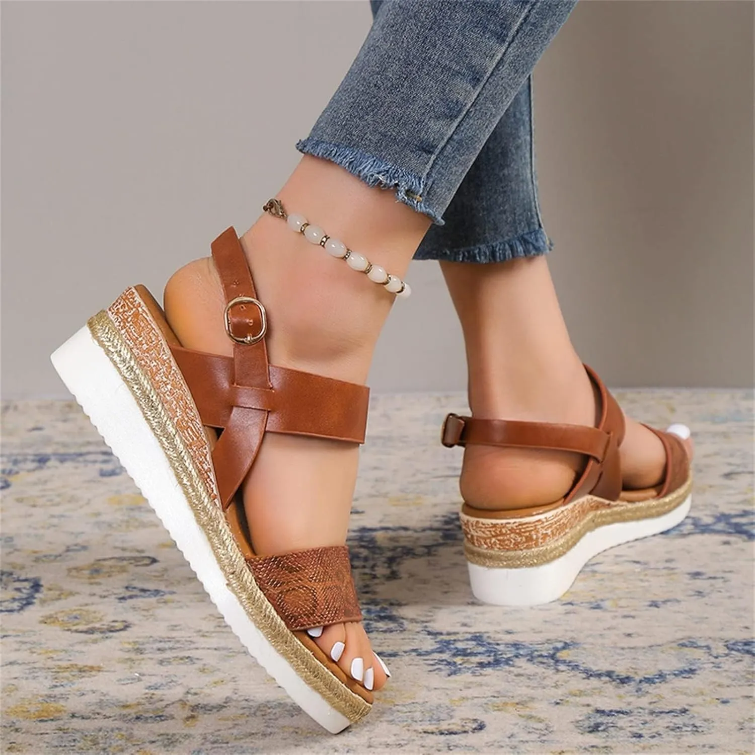 Womens High Wedge Sandals Comfortable Dressy Ankle Strap Platform Shoes Boho Beach Summer Sandals