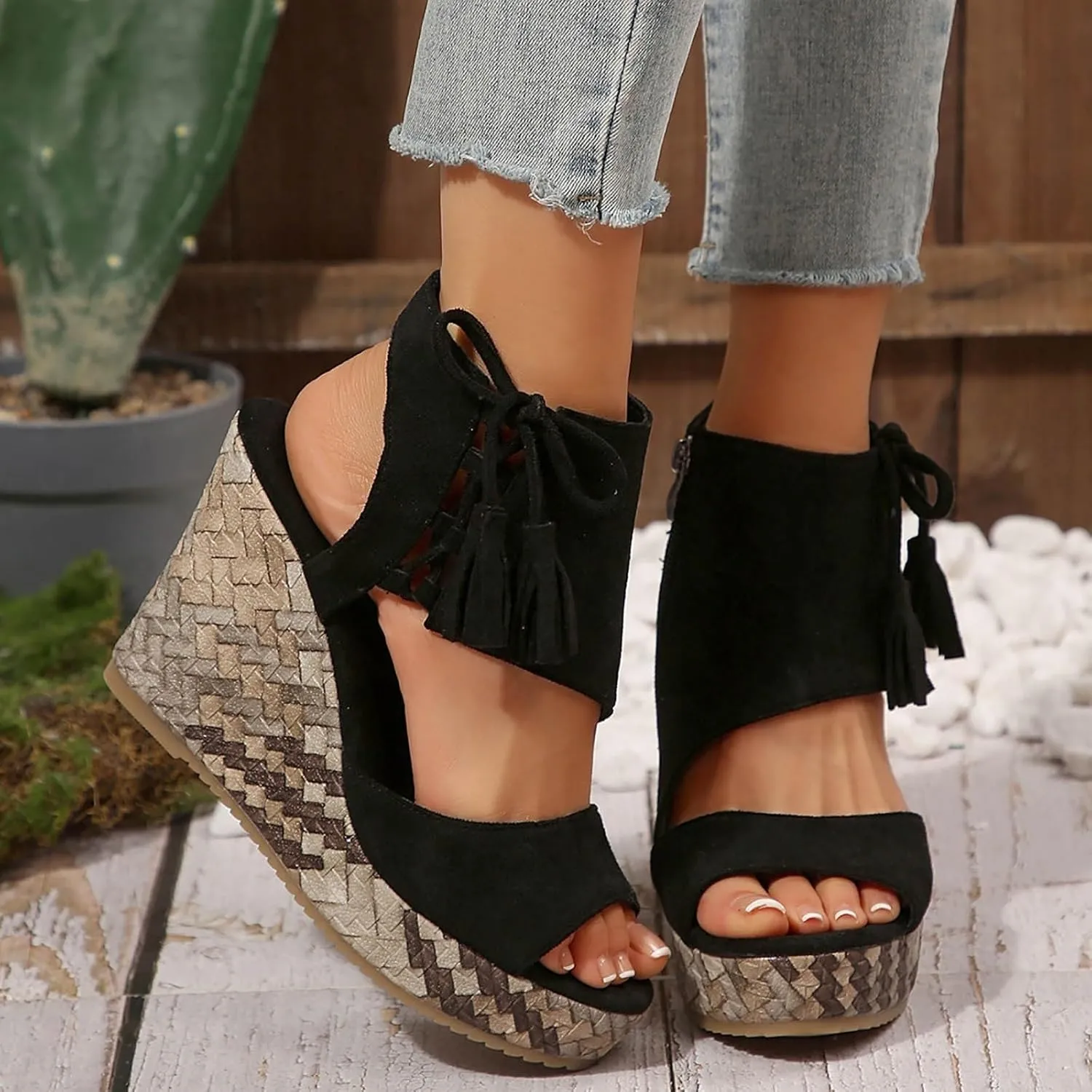 Womens High Wedge Sandals Comfortable Dressy Ankle Strap Platform Shoes Slip On Walking Driving Shoes Boho Beach Summer Sandals