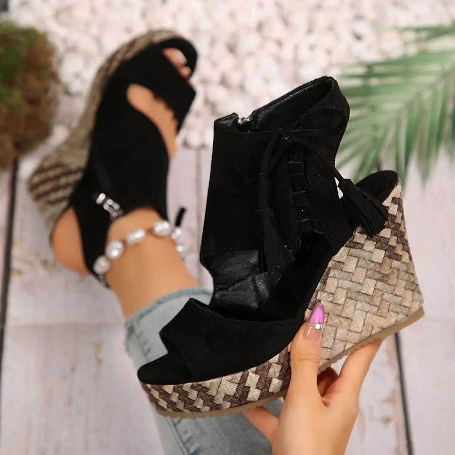 Womens High Wedge Sandals Comfortable Dressy Ankle Strap Platform Shoes Slip On Walking Driving Shoes Boho Beach Summer Sandals