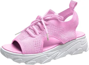 Womens Hollow Out Breathable Platform Wedge Sandals Mesh Casual Thick Soled Lace Up Sandals Open Toe Beach Shoes Ankle Strap Comfortable Walking Shoes