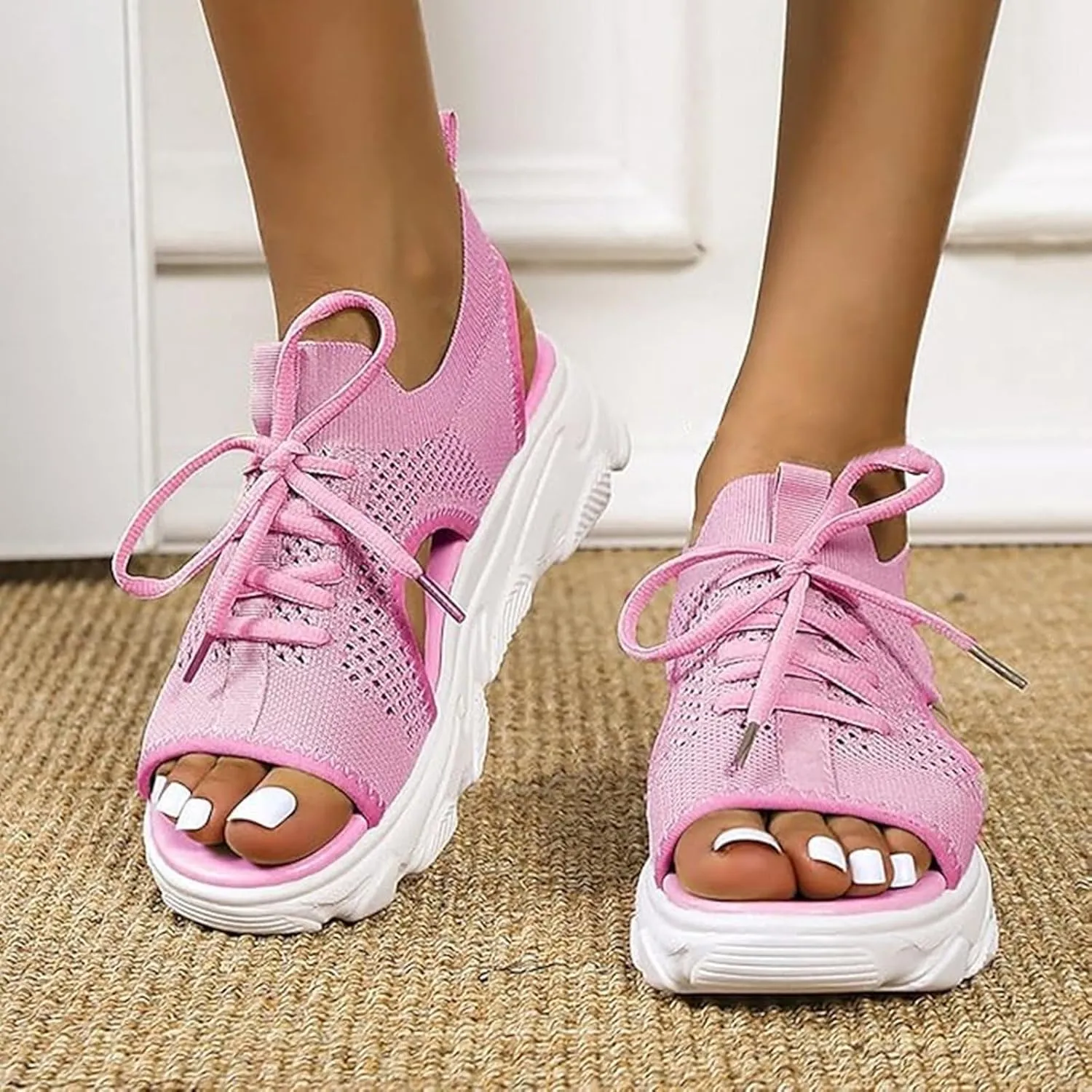 Womens Hollow Out Breathable Platform Wedge Sandals Mesh Casual Thick Soled Lace Up Sandals Open Toe Beach Shoes Ankle Strap Comfortable Walking Shoes