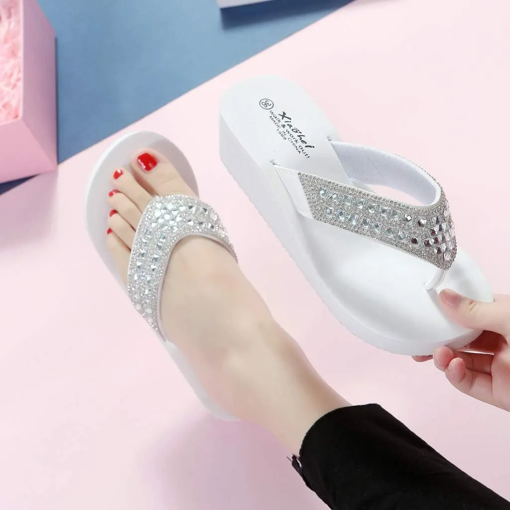 Women's Rhinestone Sandals Slip-on Platform Flip Flops Wedge Thong Sandals Beach Walking Slides Arch Support Summer Slippers