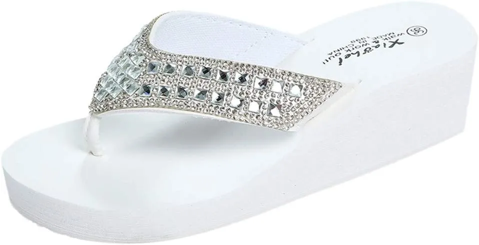 Women's Rhinestone Sandals Slip-on Platform Flip Flops Wedge Thong Sandals Beach Walking Slides Arch Support Summer Slippers