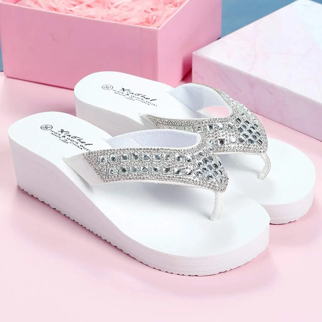 Women's Rhinestone Sandals Slip-on Platform Flip Flops Wedge Thong Sandals Beach Walking Slides Arch Support Summer Slippers