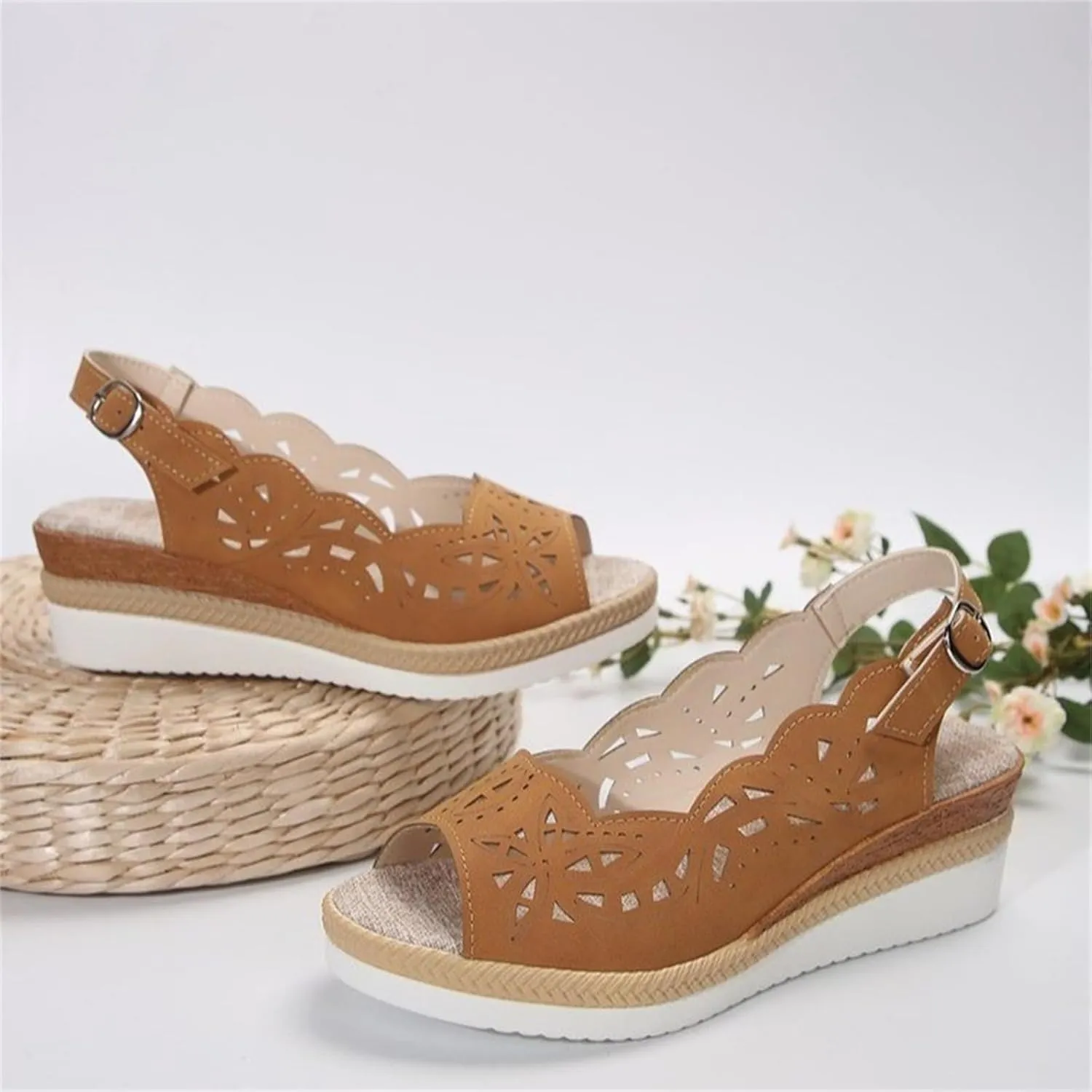Womens Sandals 2025 Platform Shoes Casual Hollow Out Shoes Slingback Platform Wedge Sandals Causal Heel Cut Out Vamp Peep Toe Slingback Women's Sandal Fashion Dressy Sandal 2025