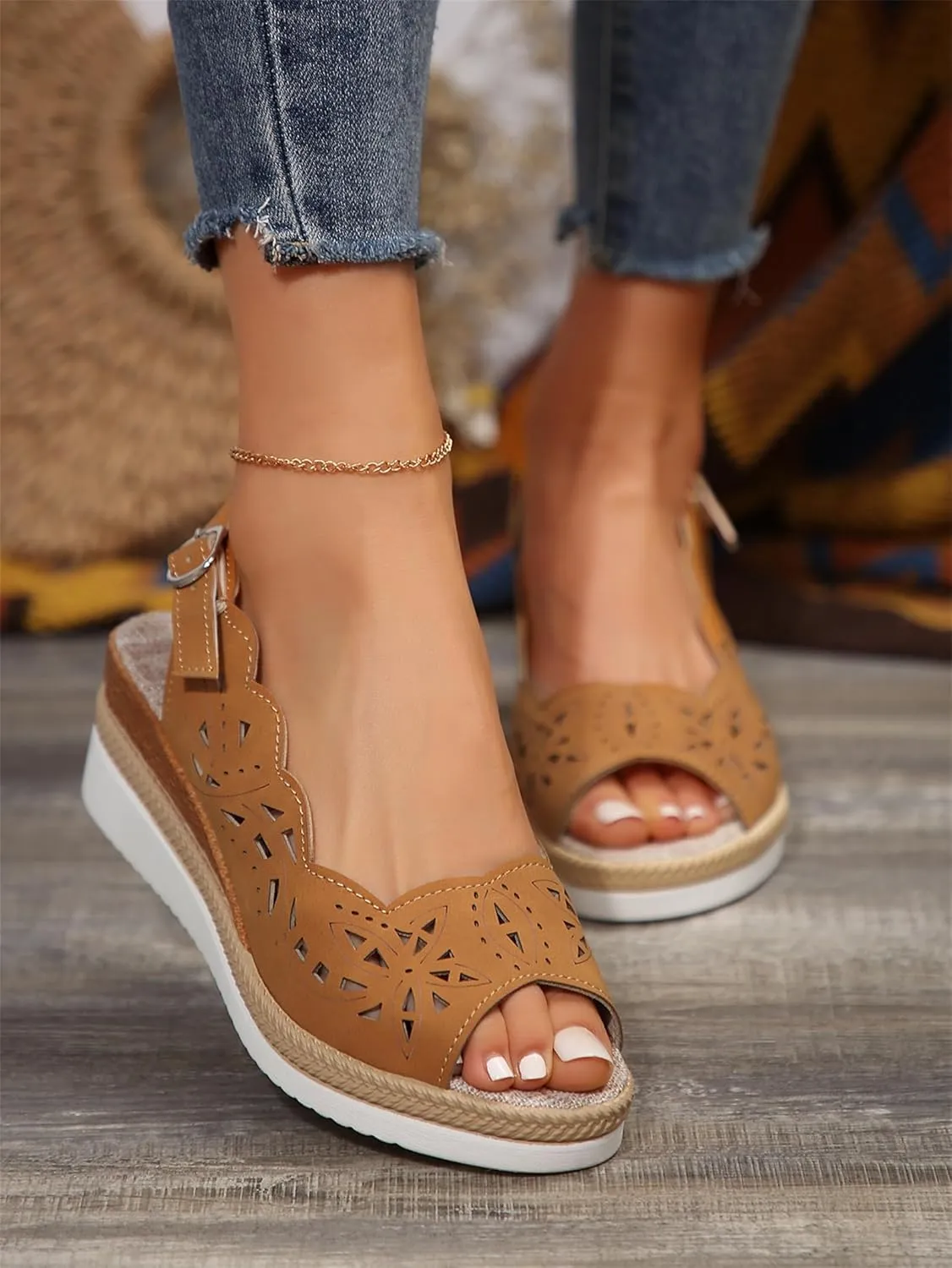 Womens Sandals 2025 Platform Shoes Casual Hollow Out Shoes Slingback Platform Wedge Sandals Causal Heel Cut Out Vamp Peep Toe Slingback Women's Sandal Fashion Dressy Sandal 2025