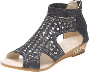 Womens Sandals Peep Toe Back Zipper Wedge Sandal Hollow-Out Rhinestone Low Heel Platform Comfort Dressy Roman Shoes