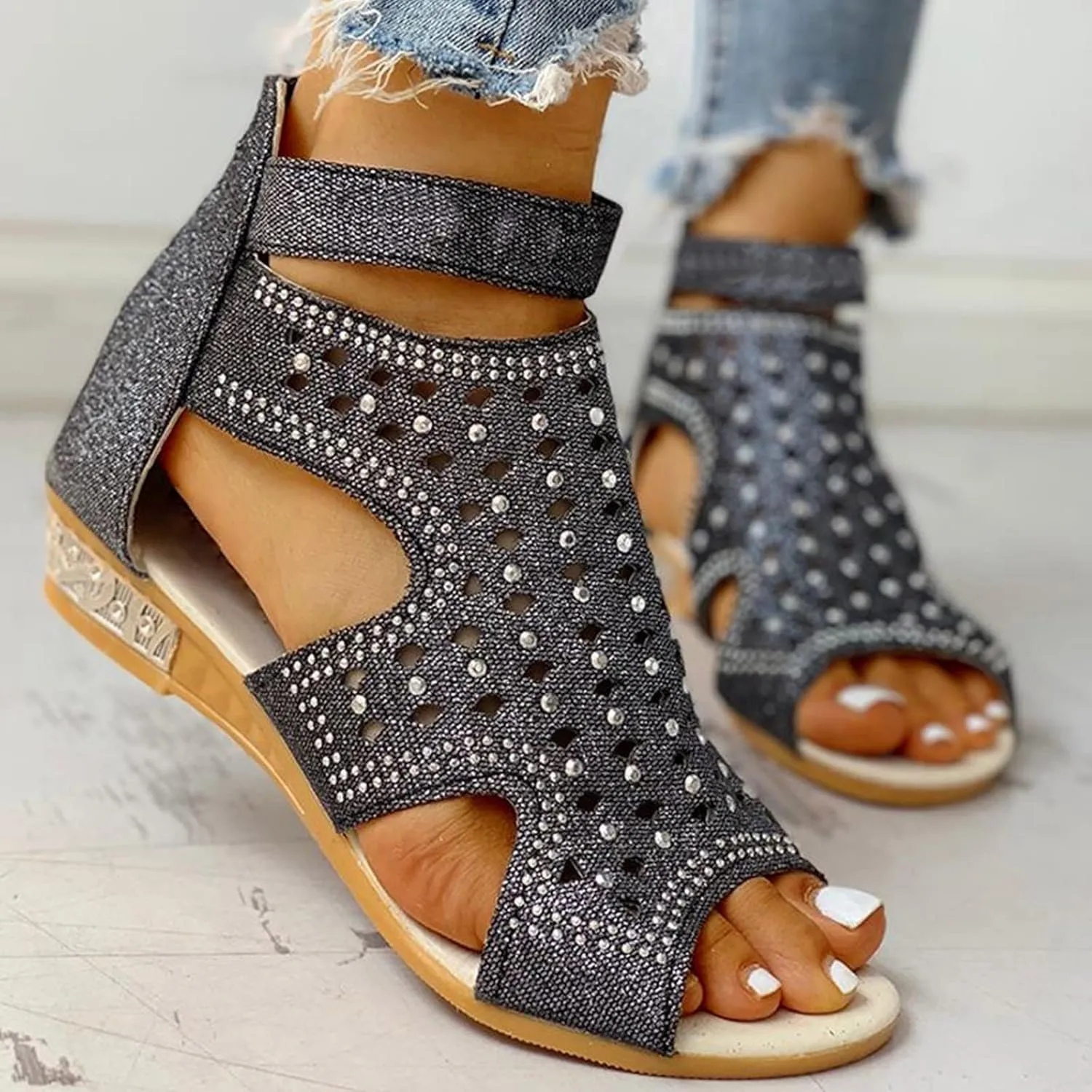 Womens Sandals Peep Toe Back Zipper Wedge Sandal Hollow-Out Rhinestone Low Heel Platform Comfort Dressy Roman Shoes