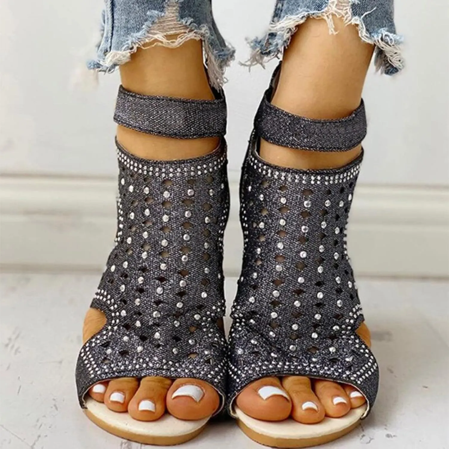 Womens Sandals Peep Toe Back Zipper Wedge Sandal Hollow-Out Rhinestone Low Heel Platform Comfort Dressy Roman Shoes
