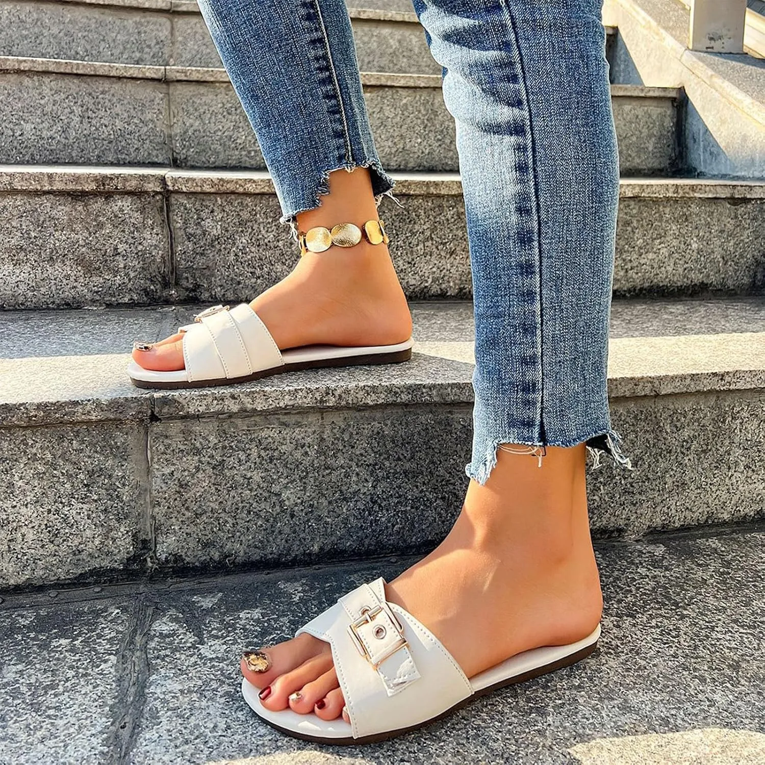 Womens Slides Sandals Buckle Straps Flats Ladies Dressy Open Toe Slip on Sandal 2025 Summer Vacation Essentials Shoes