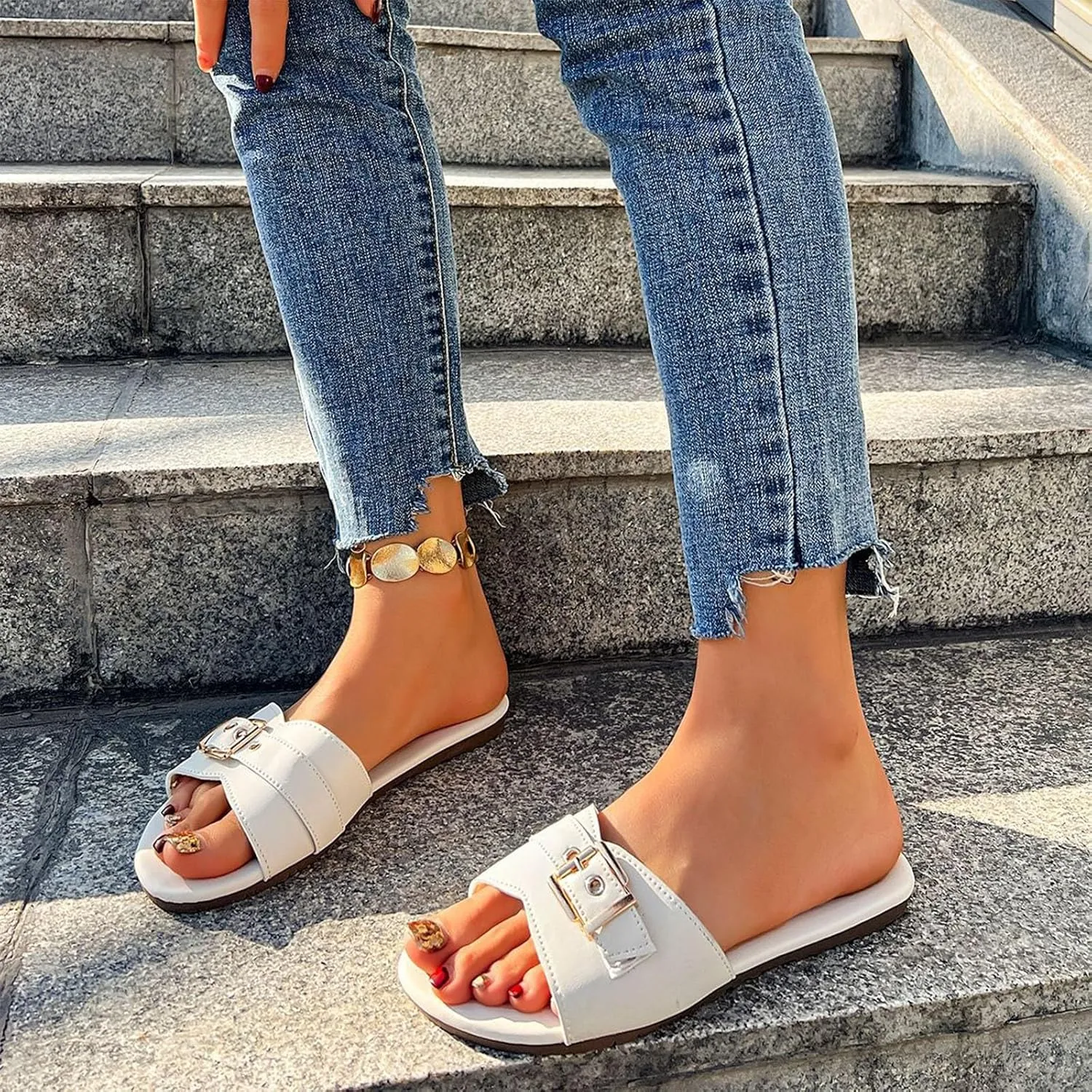 Womens Slides Sandals Buckle Straps Flats Ladies Dressy Open Toe Slip on Sandal 2025 Summer Vacation Essentials Shoes