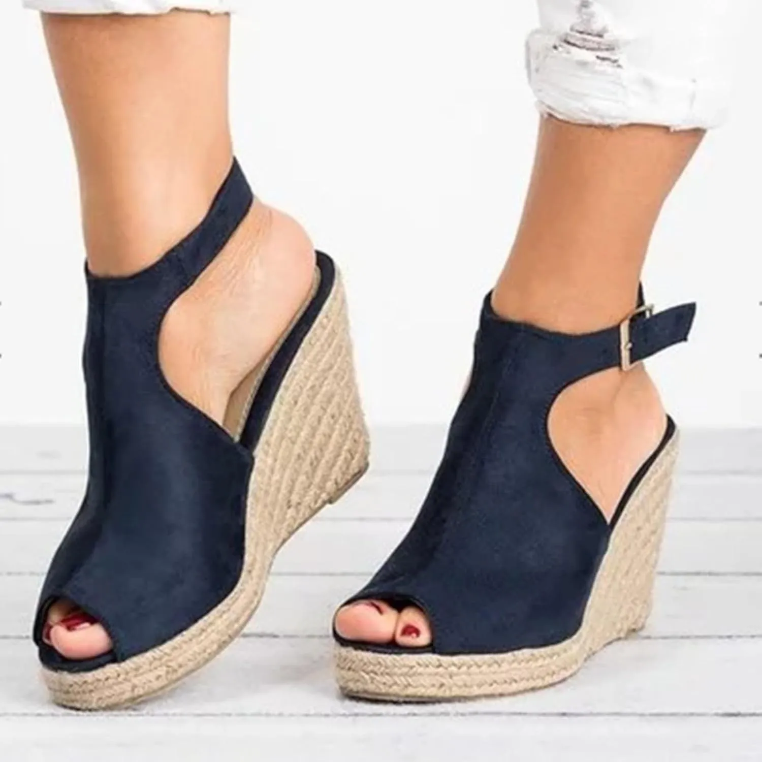 Women's Wedge Espadrille Sandals Peep Open Toe Ankle Strap Platform Dressy Casual Sandals Fashion Comfortable High Heeled Wedges Concise Summer Dress Shoes with Adjustable Buckle