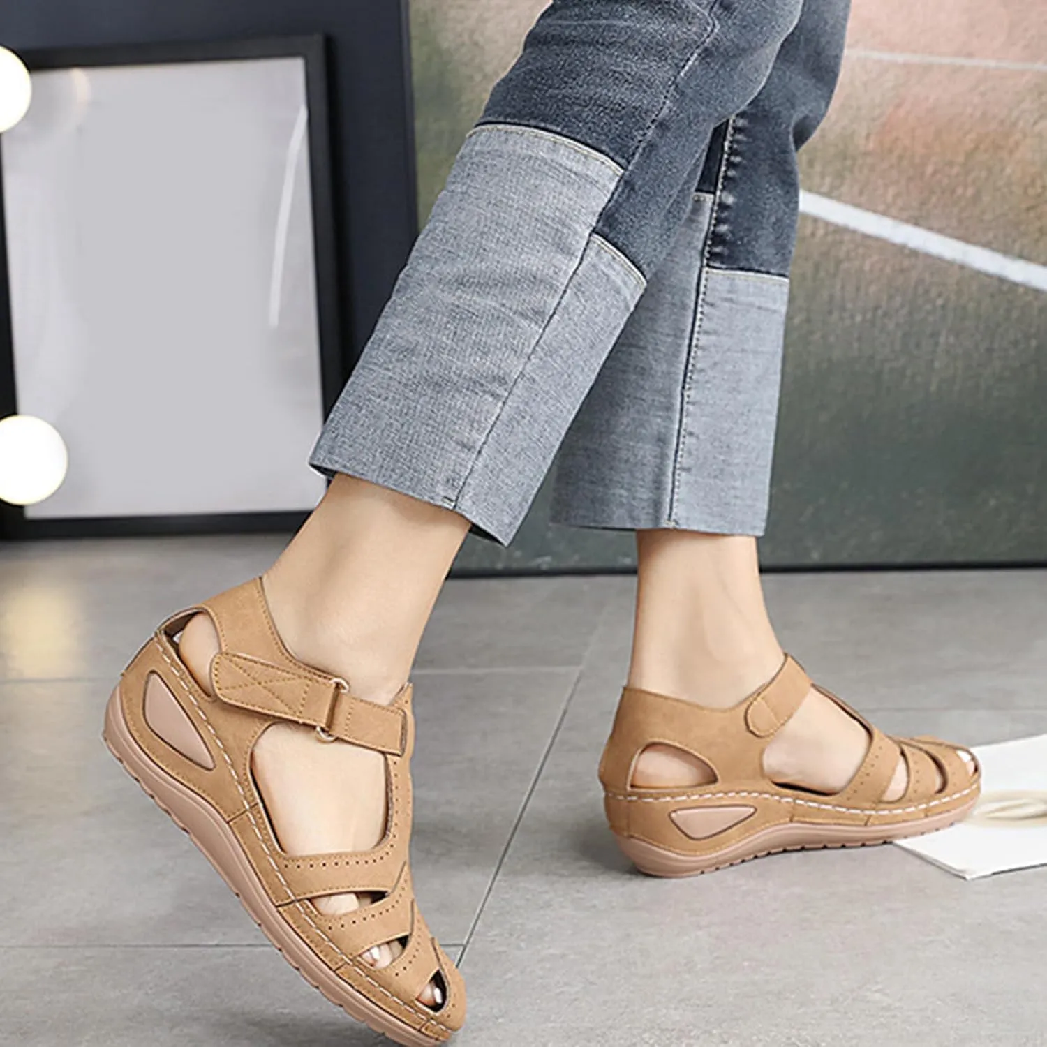 Womens Wedge Sandals Comfortable Closed Toe Wedge Platform Sandals Casual Bohemia Gladiator Outdoor Wedges ollow Out Orthopedic Shoes