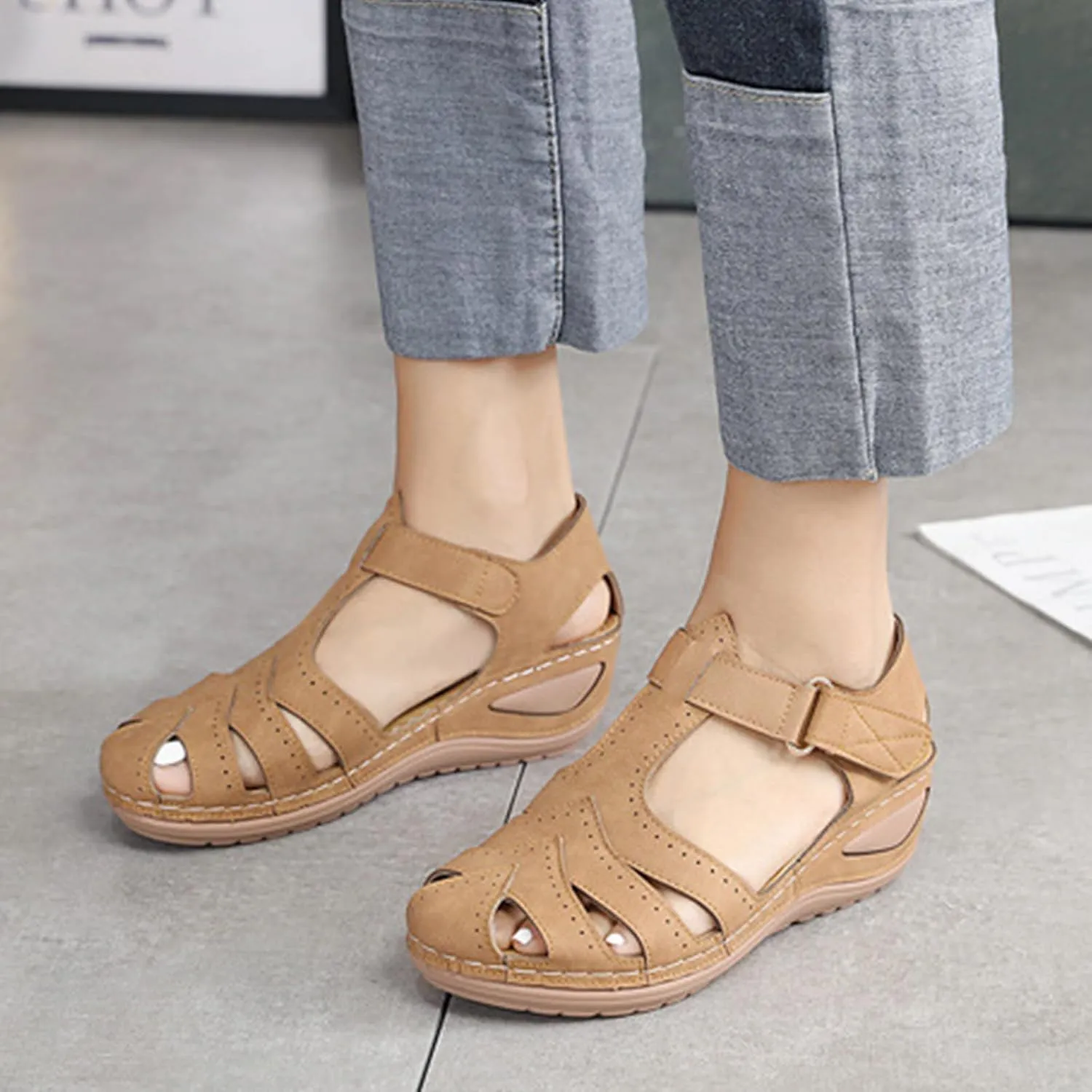 Womens Wedge Sandals Comfortable Closed Toe Wedge Platform Sandals Casual Bohemia Gladiator Outdoor Wedges ollow Out Orthopedic Shoes