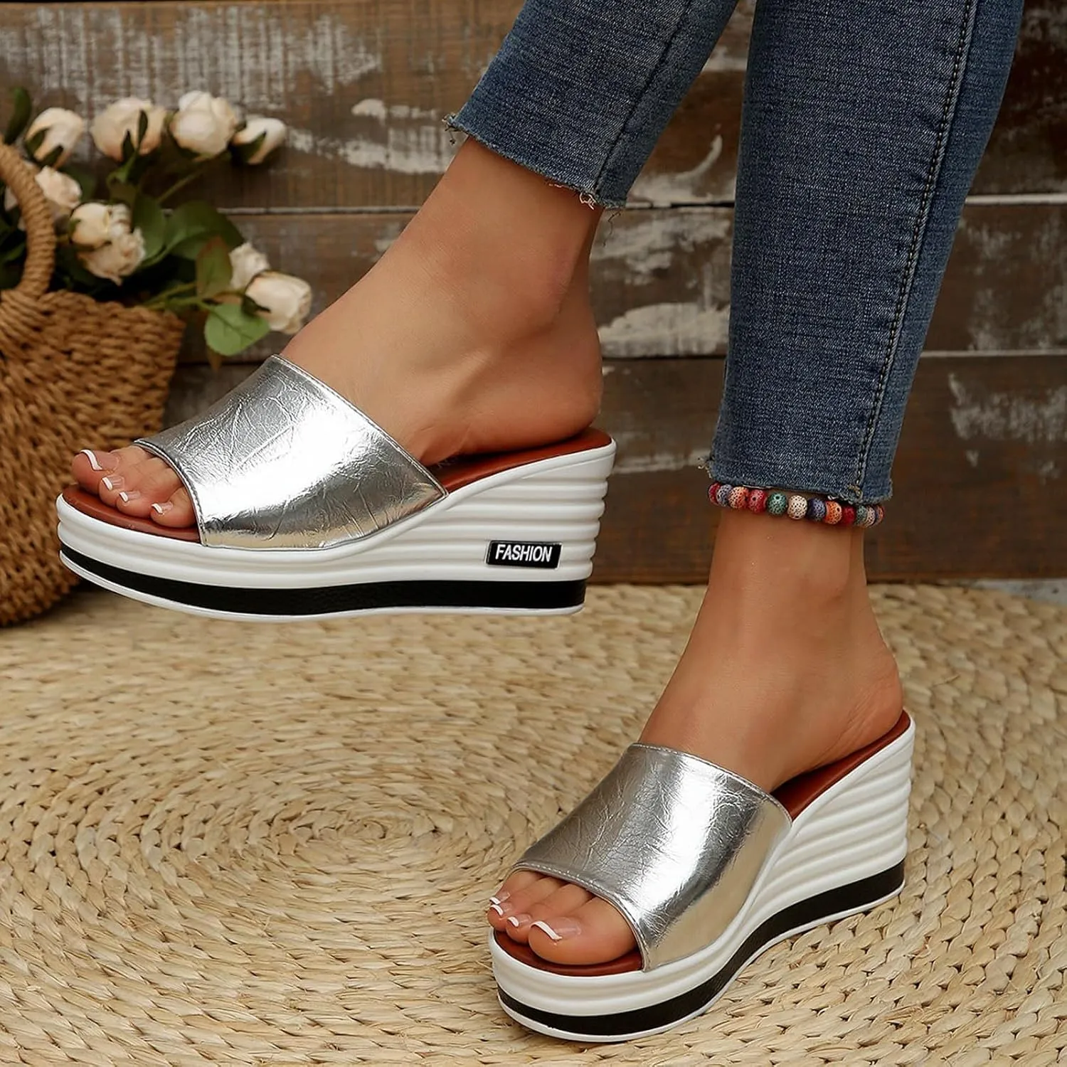 ZSpzx Wedge Sandals For Women Platform Wedges Heels,Women Arch Support Slides Orthotic Walking Slide Comfortable Summer Open Toe Casual Sandal Cushion Flip Flops Womens Slip-On Dressy Beach Shoes