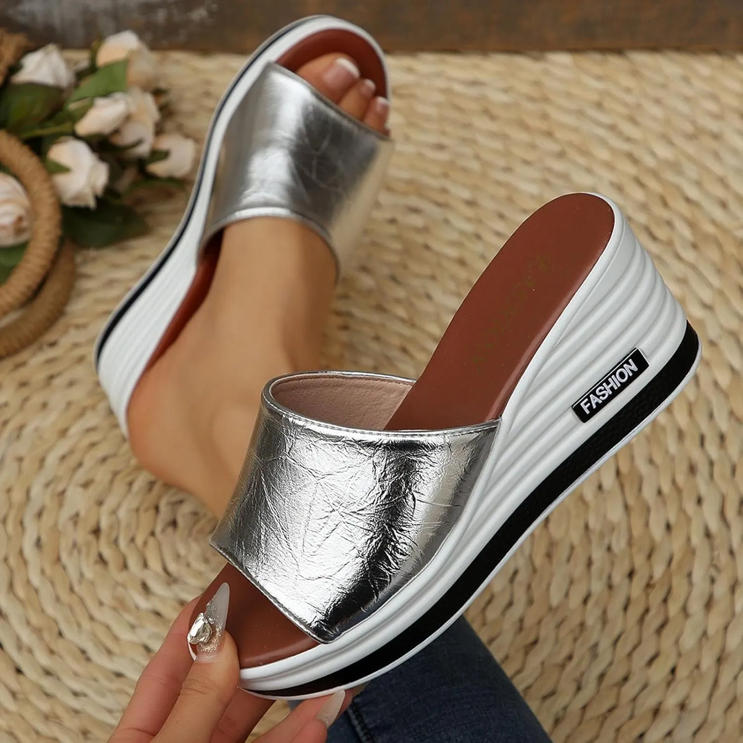 ZSpzx Wedge Sandals For Women Platform Wedges Heels,Women Arch Support Slides Orthotic Walking Slide Comfortable Summer Open Toe Casual Sandal Cushion Flip Flops Womens Slip-On Dressy Beach Shoes