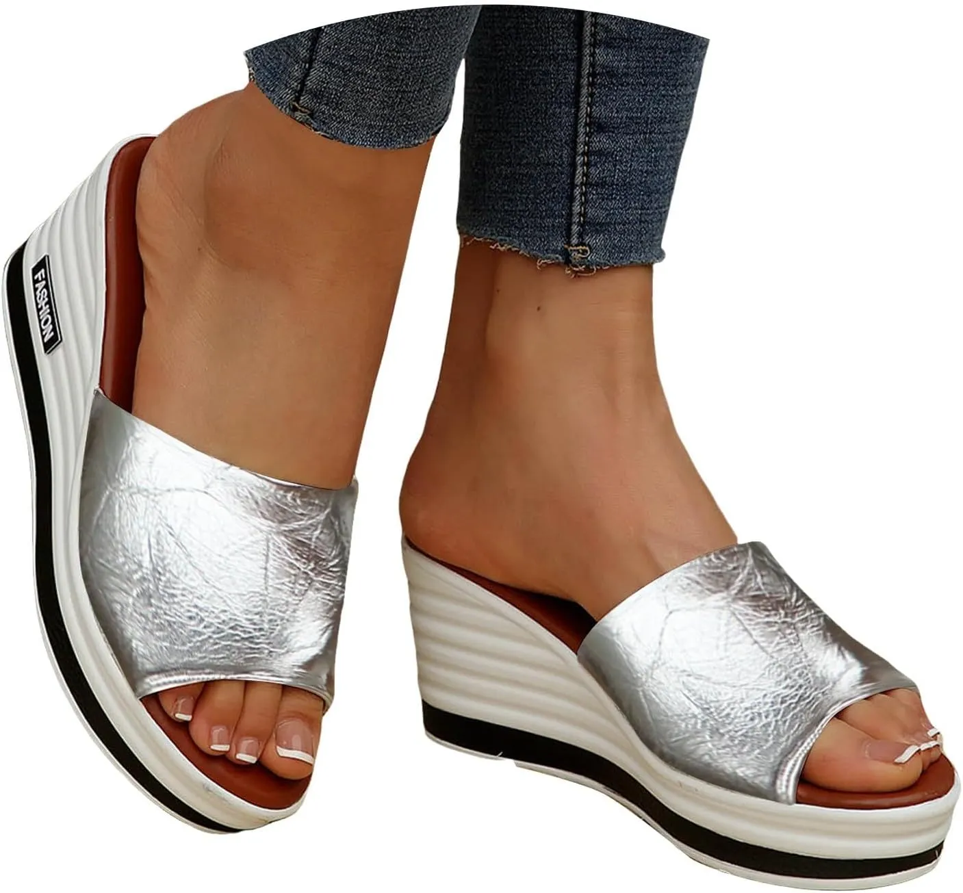 ZSpzx Wedge Sandals For Women Platform Wedges Heels,Women Arch Support Slides Orthotic Walking Slide Comfortable Summer Open Toe Casual Sandal Cushion Flip Flops Womens Slip-On Dressy Beach Shoes